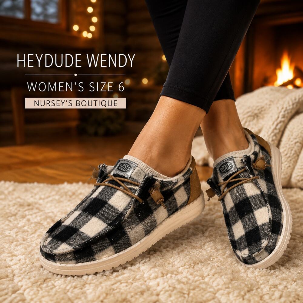 Hey Dude Wendy Buffalo Plaid Shoes Women’s 6 Black White Slip On Loafers